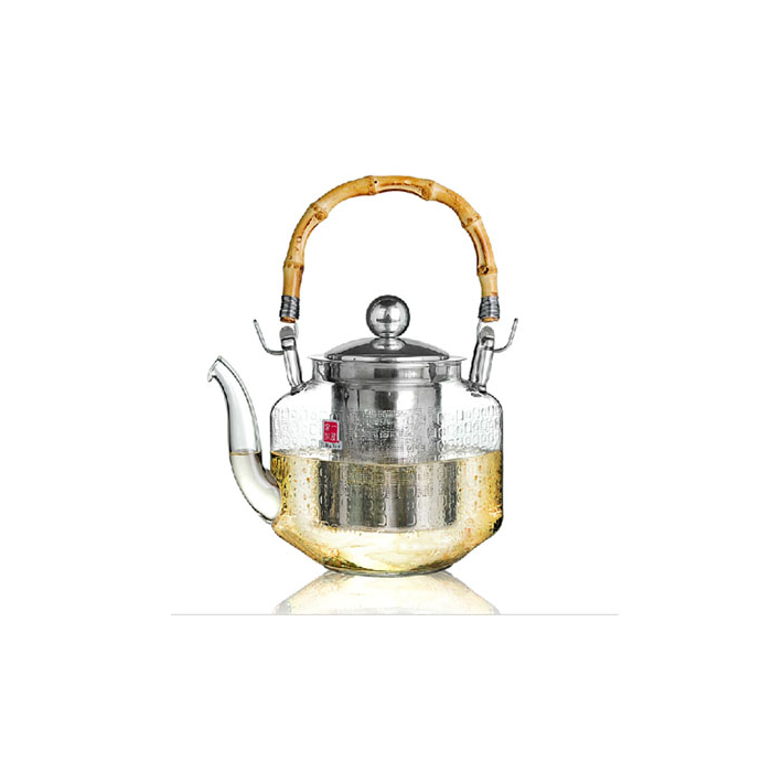 透明方形圆点玻璃茶壶600毫升 含过滤器 竹子提梁壶把