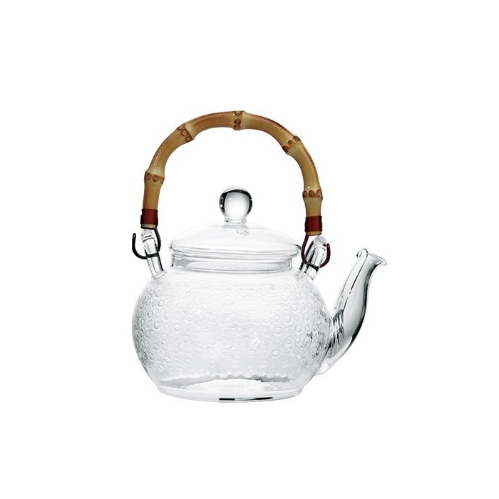 透明圆形圆点玻璃茶壶 含过滤器 竹子提梁壶把 550 ml