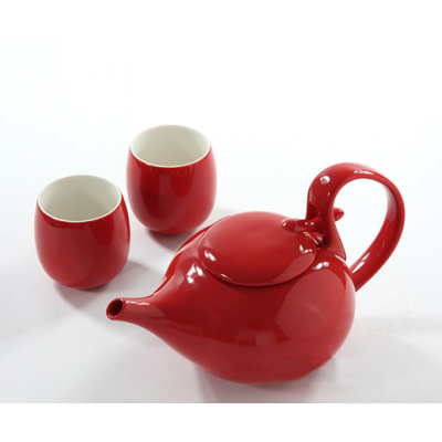 红色喜庆陶瓷茶壶茶杯套装倒把提手（925毫升）