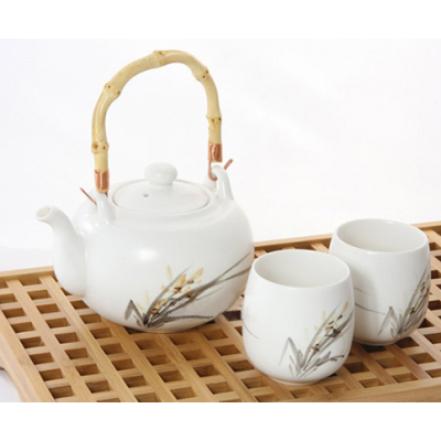 白色陶瓷兰花茶壶茶杯套装竹节提梁