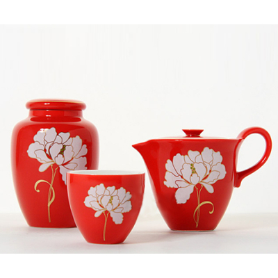 红色釉彩喜庆白牡丹话茶壶茶杯茶叶罐套装 新骨瓷