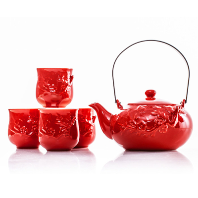 红色喜庆陶瓷茶壶茶杯套装铁环提梁壶（625毫升）