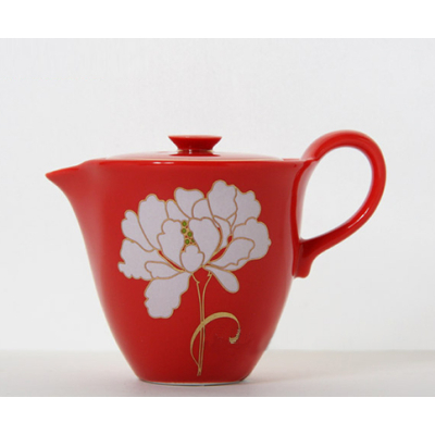 红色釉彩喜庆白牡丹话茶壶茶杯茶叶罐套装 新骨瓷