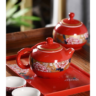 婚庆茶具富贵天香4人套装 红釉陶瓷喜庆茶具套组
