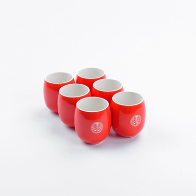 红色结婚杯套装 - 6个双喜结婚茶杯