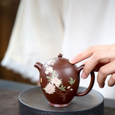 Peony Yixing Teapot, Zi Ni Clay, Peony Clay Painting 160ml