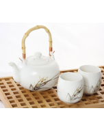 白色陶瓷兰花茶壶茶杯套装竹节提梁
