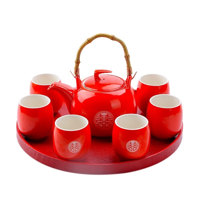Chinesisches Hochzeitsteeset "Double Happiness": Rote Teekanne, Tassen & Tablett 900ml
