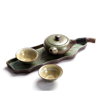 Keramik-Tee-Set mit Teekanne, 2 Tassen & Blatt-Tablett