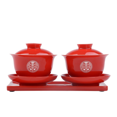 2 Rote Gaiwan Teetassen mit Tablett für Chinesische Hochzeitszeremonie