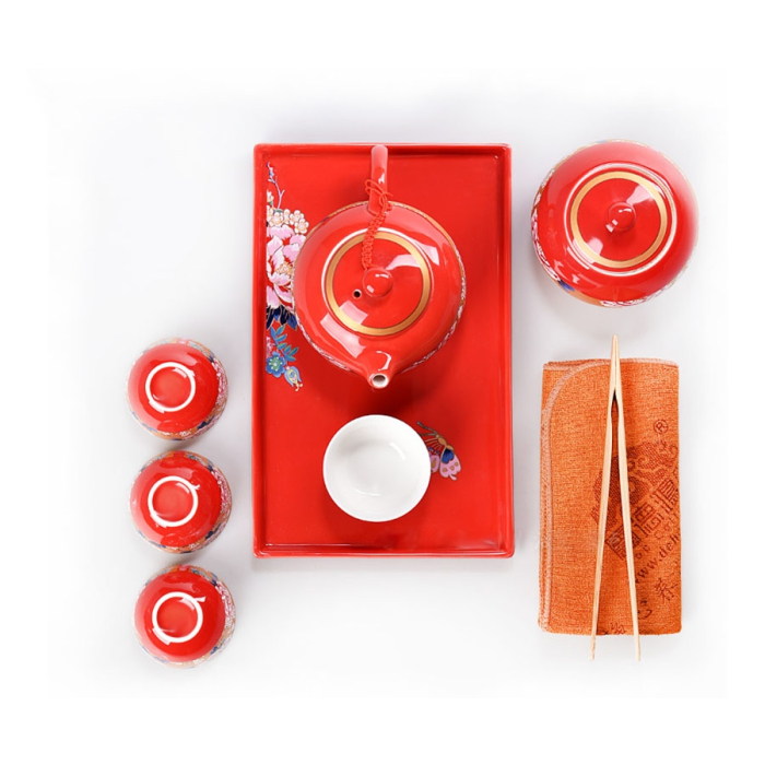 Juego de boda de té chino - Juego de té chino nupcial de 4 tazas, tarro & bandeja