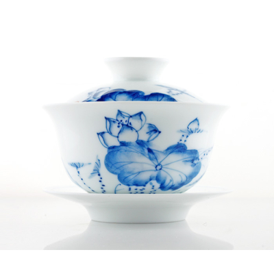 Tasse à thé Gaiwan chinois au design floral 'Lotus Bleu'