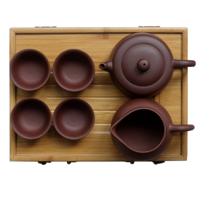 Service théière yixing + 4 tasses, plateau à thé 2 en 1 et boîte à thé de table en bambou