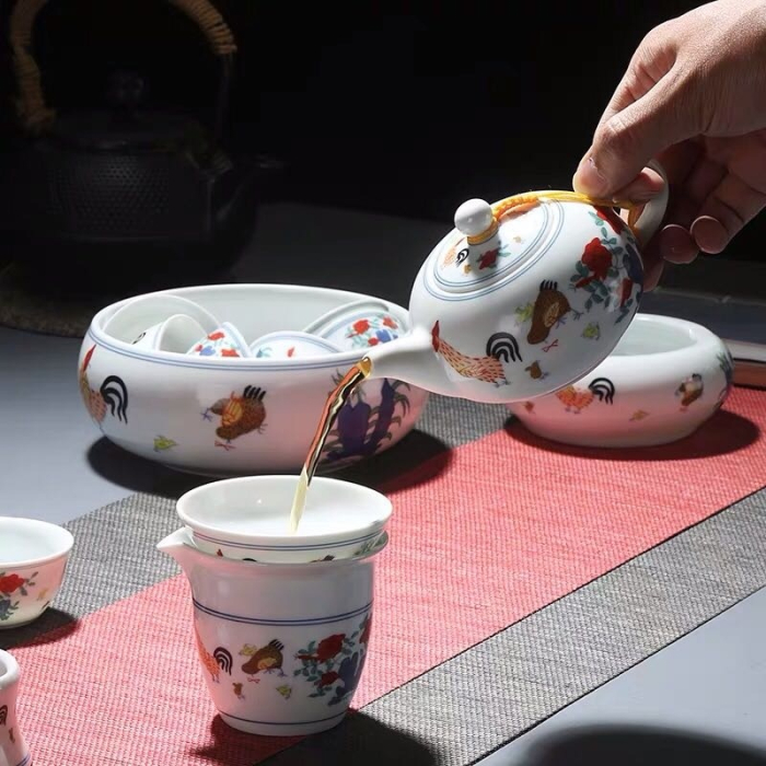 Set da Tè Cinese Gallo in Stile Antico: Tazze da tè, Teiera, Caraffa e  Filtro