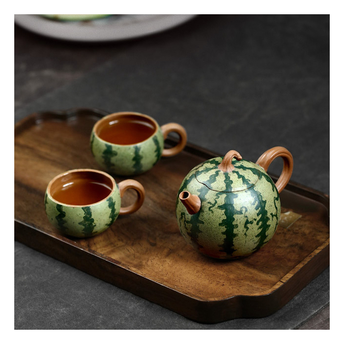Set di Teiera Yixing e 2 Tazze da Tè a Forma di Anguria
