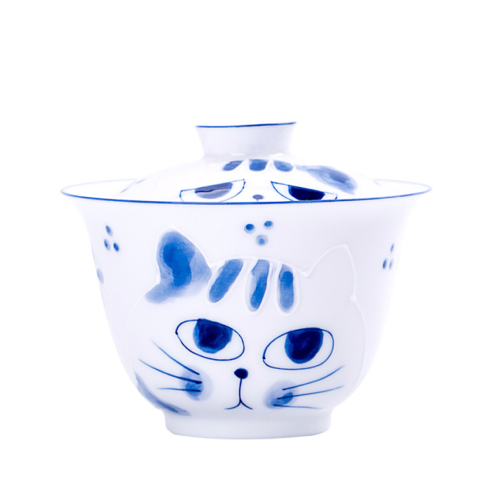 Blue & White Porcelain Cat Gaiwan, Hand Painted 120ml | Teasenz