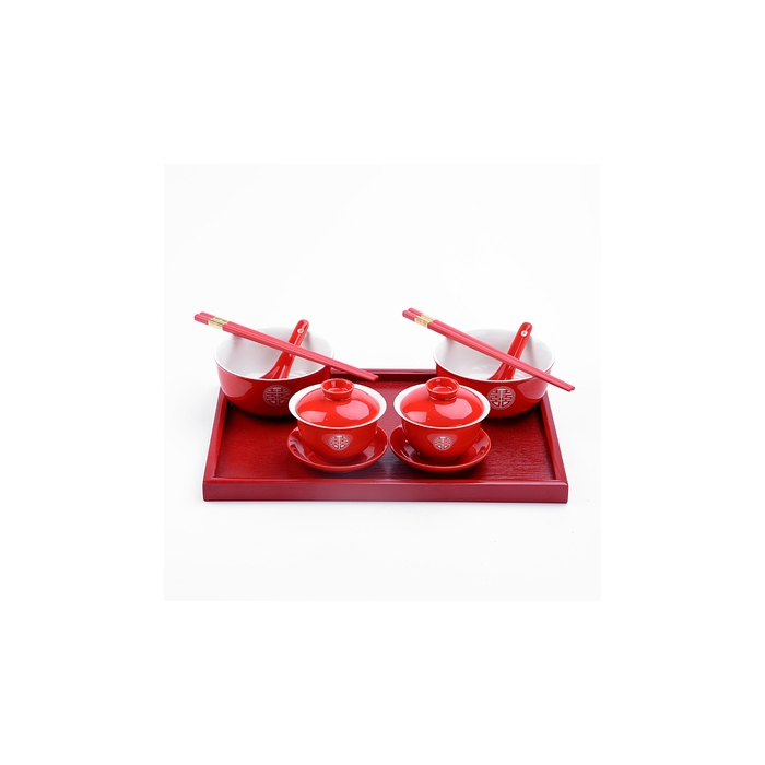 'Double Happiness' Chinese Red Wedding Set: 2 Gaiwans, Bowls, Chopsticks, Spoons & 1 Tray