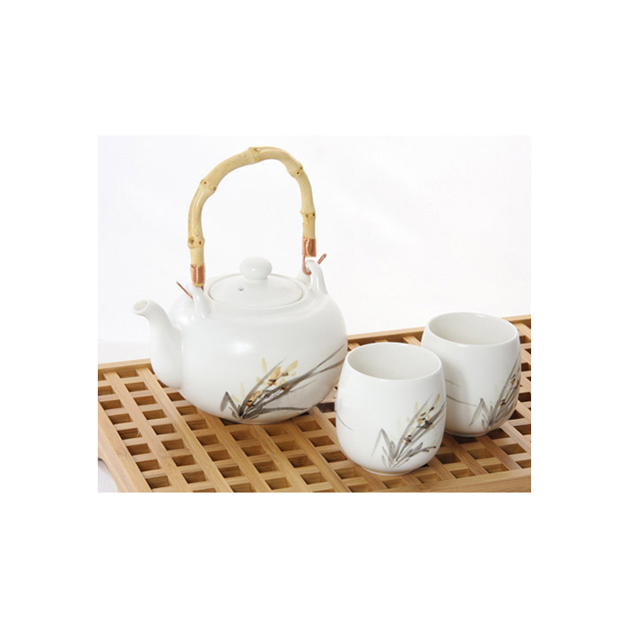 "Orchid Flower" White New Bone China Tea Set with 4 Cups, Bamboo Handle