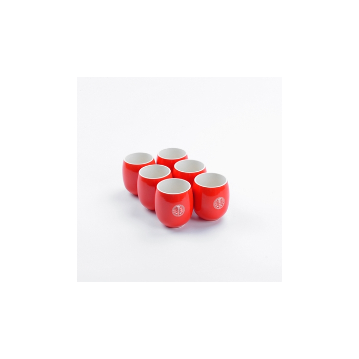 Red Tea Cups Set of 6 - ‘Double Happiness’ Chinese Wedding Symbol