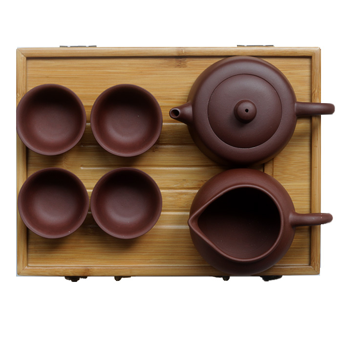Yixing Teapot Set with 4 cups and 2-in-1 Tea Tray & Tea Table Bamboo Box