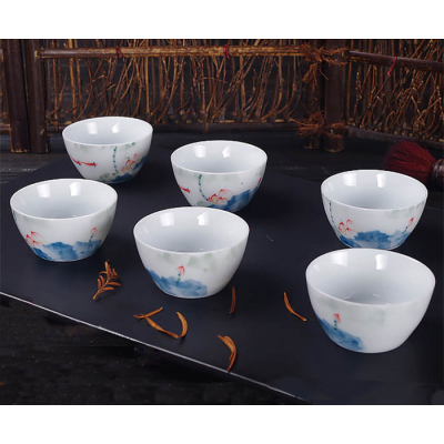 Small Porcelain Tea Cup, Fish & Lotus Pond Artwork 60ml