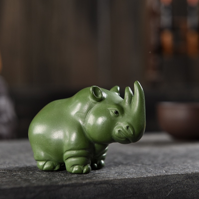 Rhino Tea Pet, Handmade Green Zisha Clay Rhinoceros Tea Pet