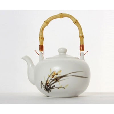 "Orchid Flower" White New Bone China Tea Set with 4 Cups, Bamboo Handle