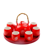 Chinese Wedding Tea Set ‘Double Happiness’: Red Teapot, 6 Cups & Tray 900ml