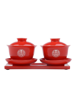2 x Red Gaiwan Tea Sets & Tea Tray - Chinese Wedding Tea Ceremony Theme