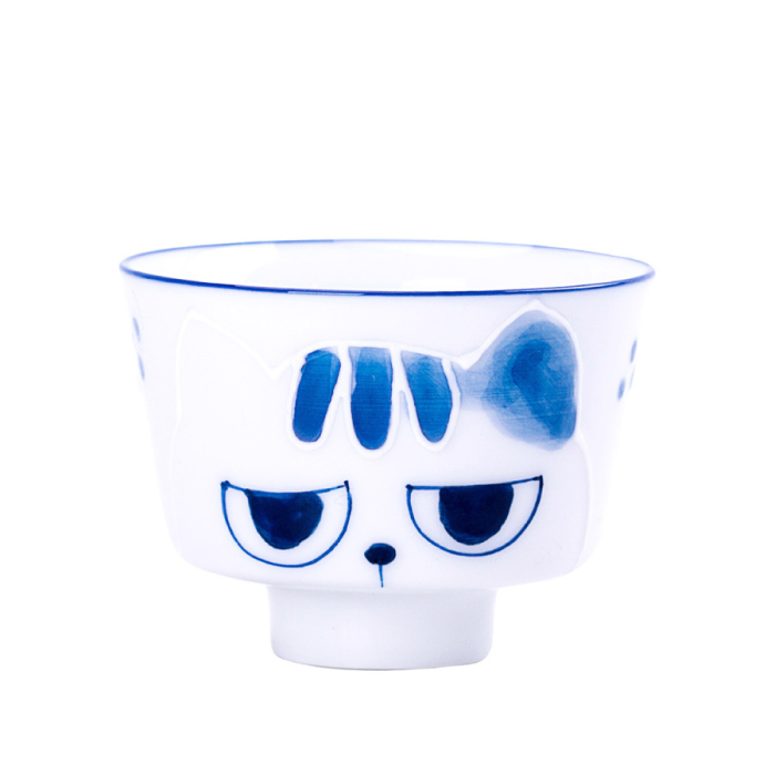 Handbeschilderd Blauw-Wit Porseleinen Katten Theekopje 40ml