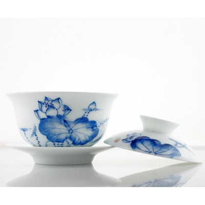 'Blue Lotus' Chinese Gaiwan Theekop met Bloemen Patroon